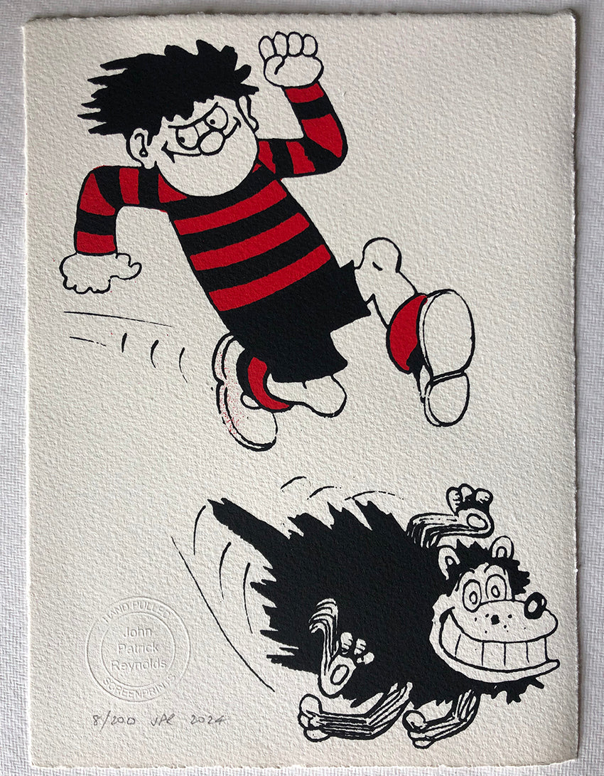 Dennis the menace in red and black stripey jersey runs with gnasher. From the beano comic. Approved by publisher dc thomson 