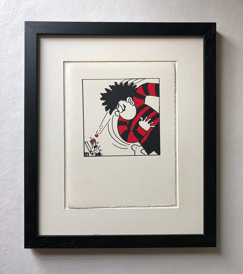 dennis menace from the beano comic in red and black jersey bowls at walter the softy who's shaking in fear