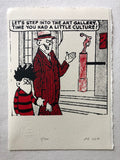 Dennis the menace is held by the arm by his dad and taken to an art musuem. From the beano comic