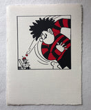 dennis menace from the beano comic in red and black jersey bowls at walter the softy who's shaking in fear