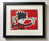 dennis menace from the beano comic in red and black jersey fires his catapult on a red background. 