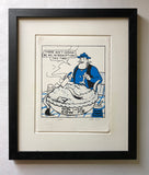 Desperate Dan in blue suit and trilby, eating an extra large cow pie with extra strong mustard, on a table