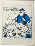 Desperate Dan in a blue suit and trilby, eating an extra large cow pie with extra strong mustard, on a table