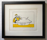 Desperate Dan of the Dandy in a yellow shirt and trilby hat eats large size cow pie, with horns in the crust.
