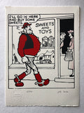 Desperate Dan walks into a sweet and toy shop and says: I'll go in here and buy some sweets. Women talk inside