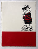 minnie the minx in a red and black jersey taps her foot. From beano. Approved by publisher DC Thomson