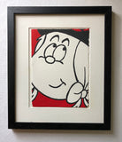 A framed screen print of Minnie the Minx from the comic 'The Beano', featuring a bold red, black, and white color scheme with a stylized depiction of the character. she looks innocent.