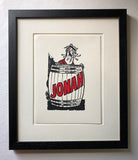 A handmade screen print on cotton paper featuring the character Jonah from The Beano. Jonah is written on the barrel.