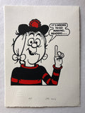Minnie the Minx a red and black striped jersey and a Tam o' Shanter bonnet, with a red woolen ball on top. She says: It's wrong to go minxing, readers...