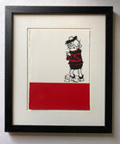 Minnie the Minx from the comic 'The Beano', wearing a red and  black striped jersey, a tam o'shanter on her head. She is standing on a band of red colour.