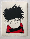 A glaring Dennis the Menace from the Beano comic in spikey hair and red and black jersey.