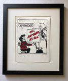 Roger The Dodger, from the Beano, wears a red and black checked jumper. He cheeks his art teacher: he has literally painted "Oh anything at all"