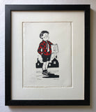 'Roger The Dodger' from the Beano in a red and black jersey holds a dodge book and winks at the reader