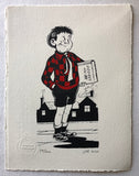 'Roger The Dodger' from the Beano in a red and black jersey holds a dodge book and winks at the reader. With number, signature and date