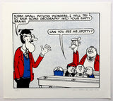 Teacher, in a red blazer, tells the Bash Street Kids that he will try to ram some geography into their brains. Medium-format option