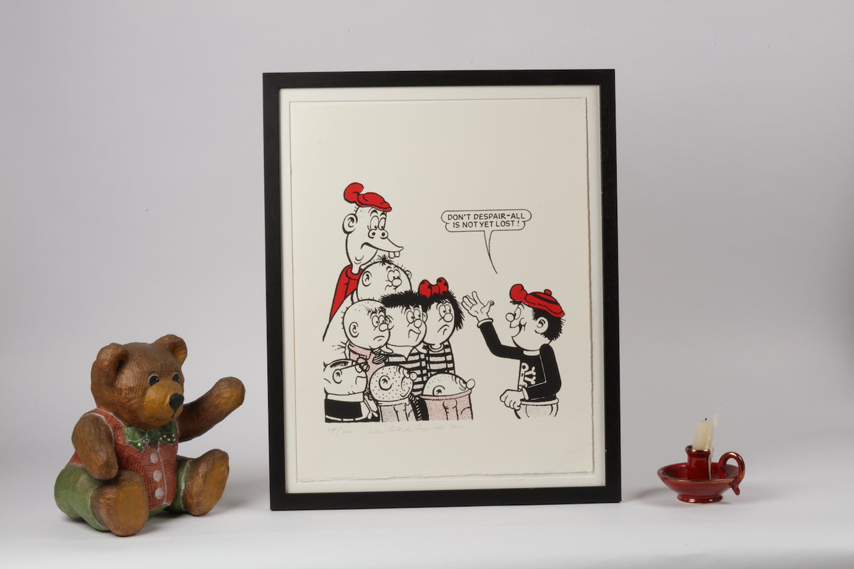 Danny in a red cap tells the rest of the Bash Street Kids not to despair. But they look glum. From The Beano comic