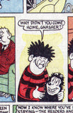 A smiling Dennis the menace wears his red and black jersey and hugs Gnasher. From the original Beano comic. 