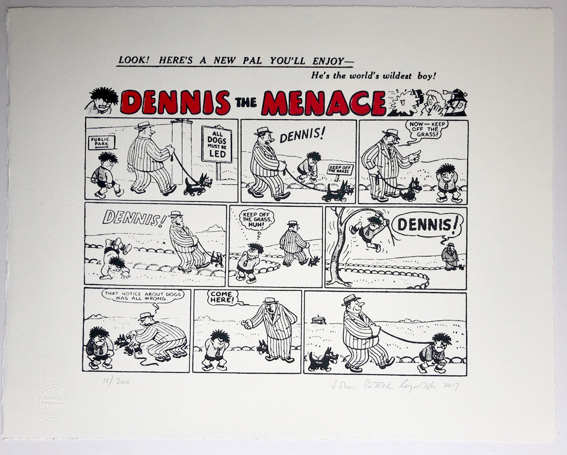 The first ever Dennis the Menace strip, showing Dennis on a leash and the text 'Look! A new pal you'll enjoy - Dennis the Menace!'.