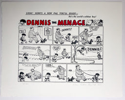 The first ever Dennis the Menace strip, showing Dennis on a leash and the text 'Look! A new pal you'll enjoy - Dennis the Menace!'.
