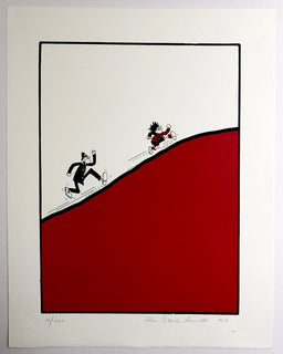 Dennis Menace Chased by Copper up a steep hill of red ink. From the Beano comic. 