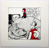 Minnie the Minx in red and black clothes, sits on a huge hippo as she watches TV. Her parents can't watch, and complain