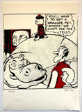 Minnie the Minx in red and black clothes, sits on a huge hippo as she watches TV. Her parents can't watch, and complain