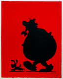 A red screenprint featuring the silhouettes of Asterix characters Obelix and Dogmatix. He's lumbering. Dogmatix scampers