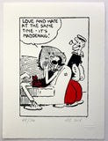 Olive oyl sits on a sofa and wails that she is failing love and hate at the same time as popeye watches on