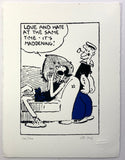 Olive oyl sits on a sofa and wails that she is failing love and hate at the same time as popeye watches on