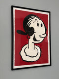 A portrait of a smiling Olive Oyl on a red background. From a drawing by original artist Elzie Segar