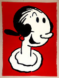 Olive oyl smiles on a red background. From a drawing by original artist Elzie Segar