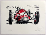 Scottish racing driver Stirling Moss leans in his cockpit as his red Formula Three Ferrari turns into a corner. From The Victor comic. Approved by publisher DC Thomson 